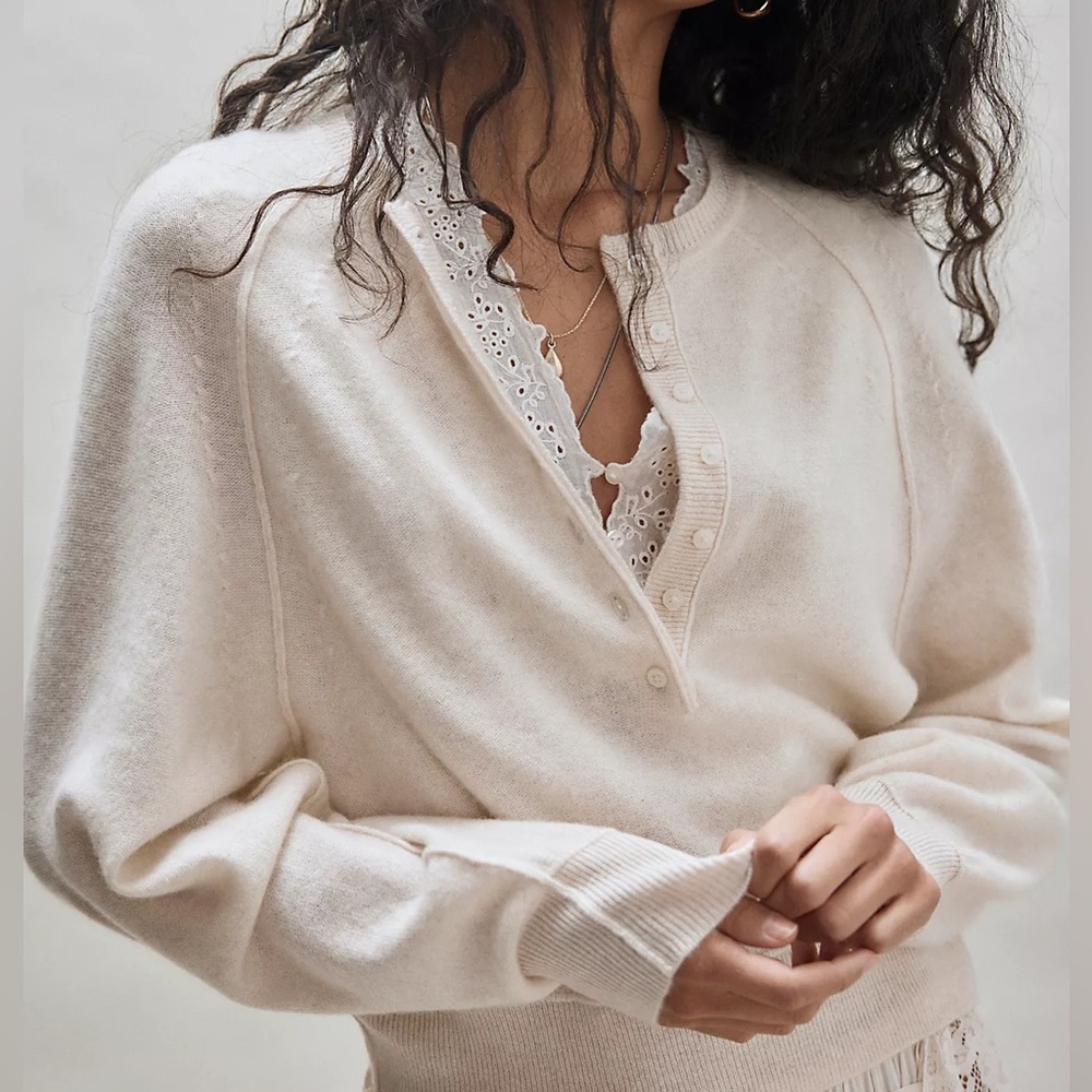 Free People Soft Ivory Button Henley Sweater